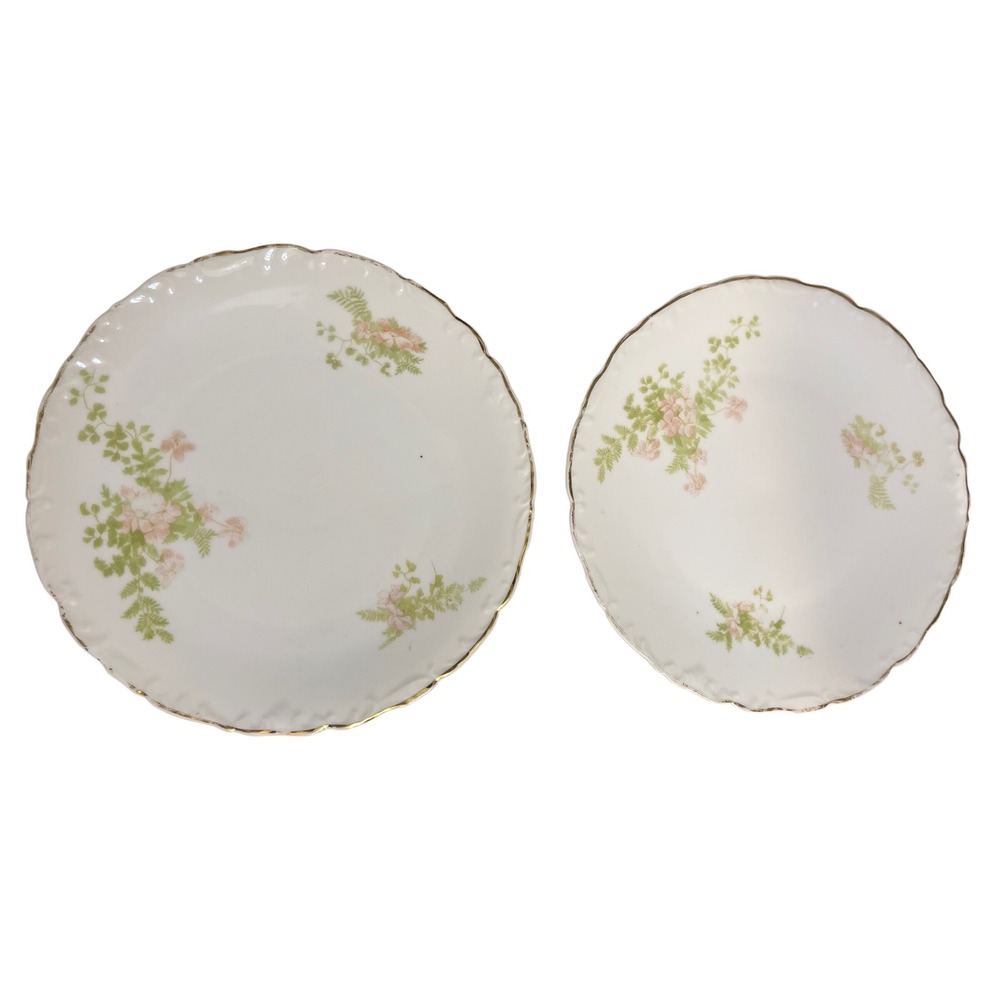 Vintage Floral Plates Set of 2 Scalloped Gold Rim Pink‎ Green Botanical